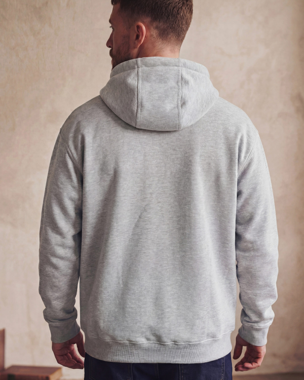 Серая худи на молнии вид сзади с капюшоном